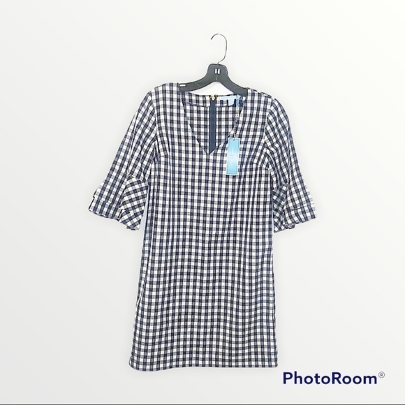 NWT DRAPER JAMES Navy Blue White Gingham Bell Sleeve Mini Shift Dress, Size 0 - Picture 3 of 6